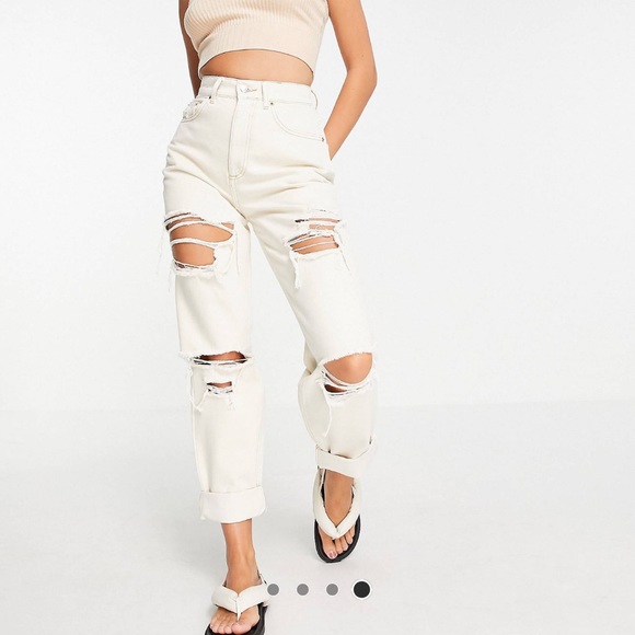 ASOS DESIGN high rise slouchy mom jeans in stone with rips - Picture 4 of 5
